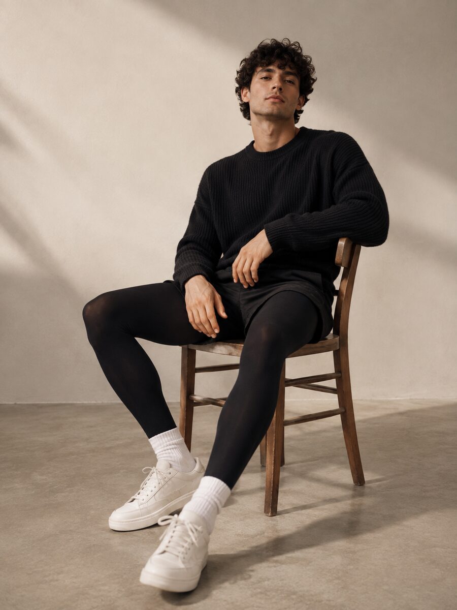 Look 09: Schwarzer Strick, Shorts und weiße Sneaker