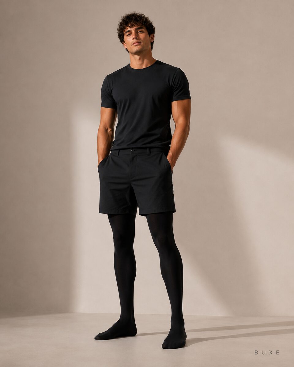 Mann mit schwarzer Shorts und schwarzer BUXE Strumpfhose