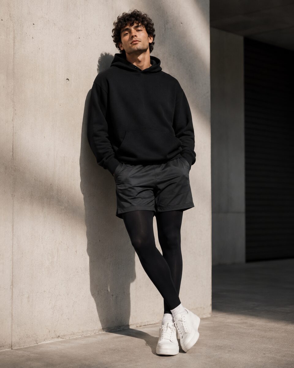 Mann mit schwarzer Shorts, Hoodie und BUXE Strumpfhose