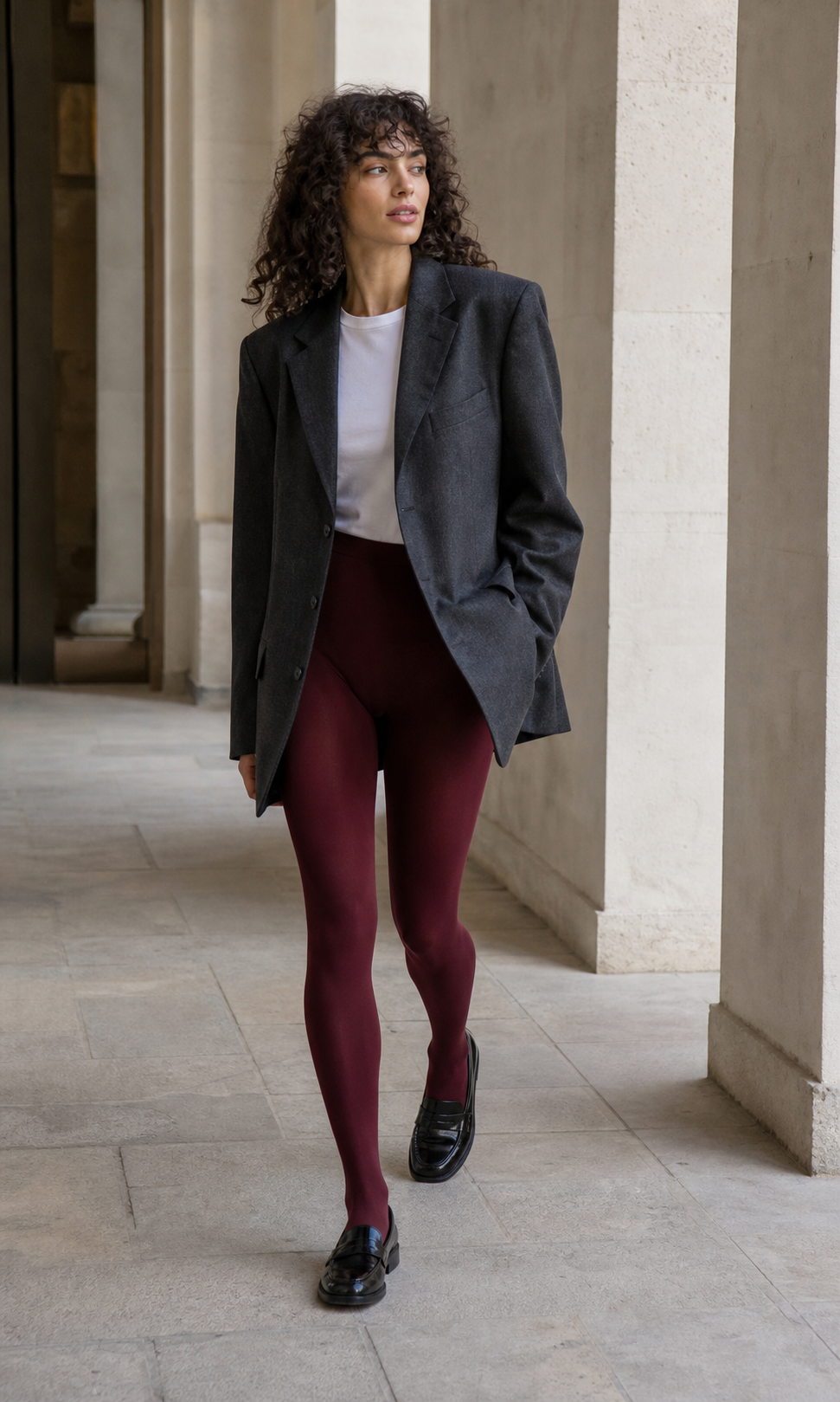 Weibliches Model mit burgunderfarbenen BUXE Tights und grauem Blazer