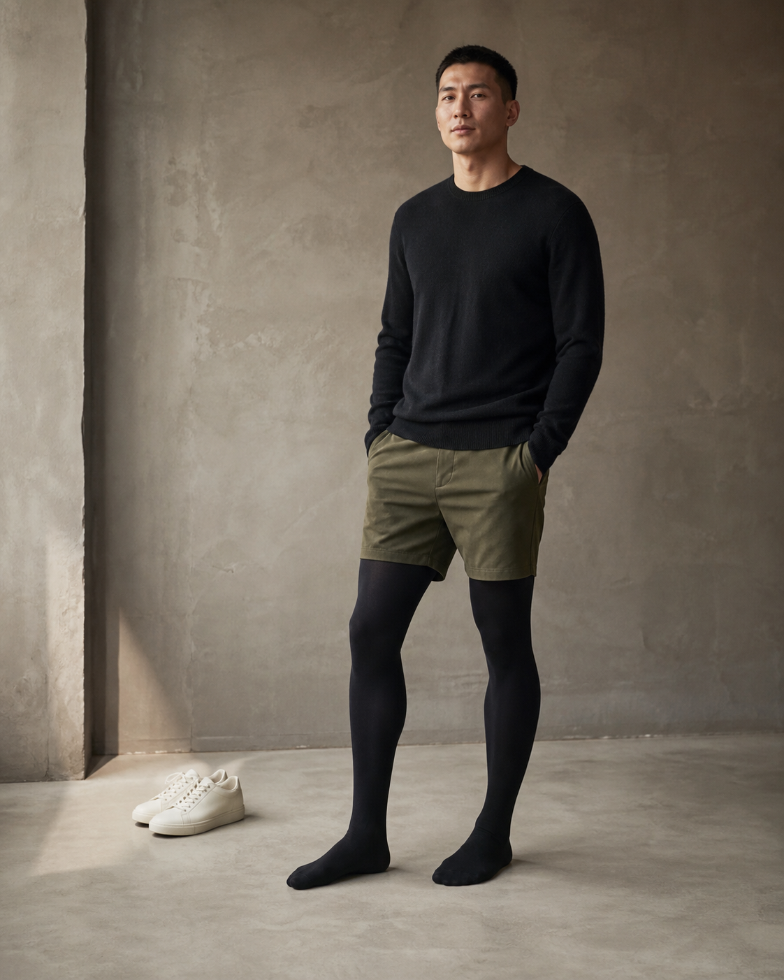 The Essential Tight an einem männlichen Körper, mit olivfarbenen Shorts kombiniert