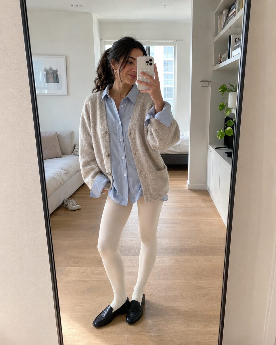 Community-Look: Leichte Strickjacke mit Cream Tights