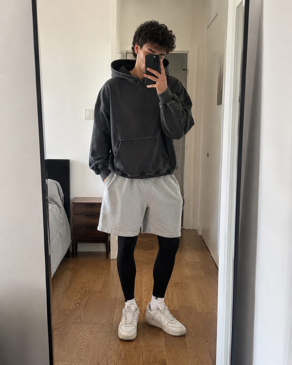 Community-Look: Hoodie, graue Shorts und schwarze Tights