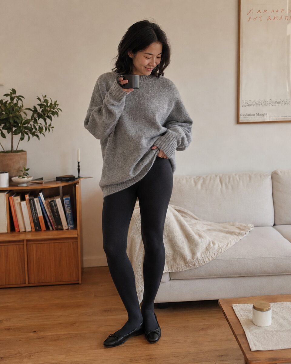 Community-Look: Grauer Oversized-Pullover mit schwarzen Tights